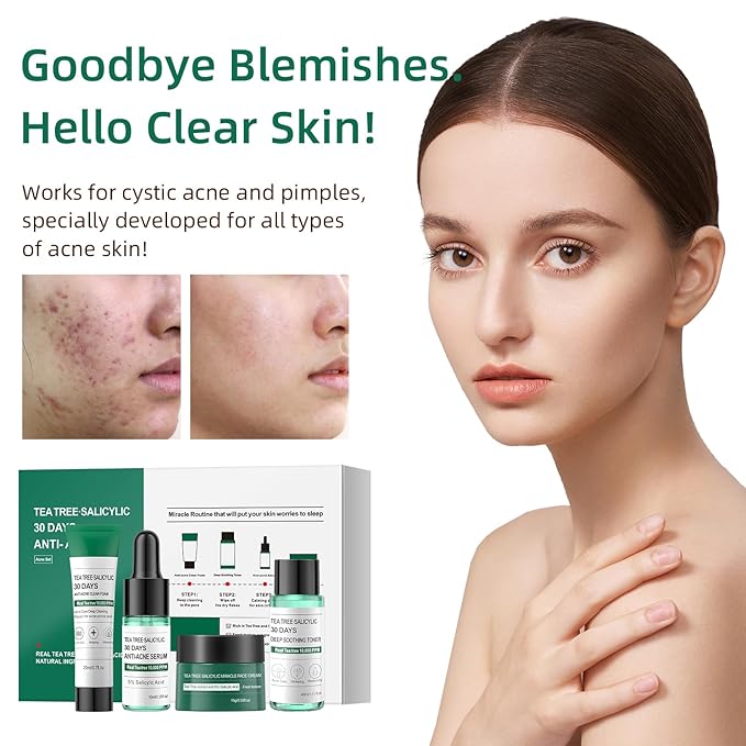 Tea Tree Salicylic Acid Facial Skin Care Set, Travel Size Gifts Set Cystic Hormonal Acne Treatment Face Wash Cleanser, Facial Toner Cream Moisturizer Travel Essentials for Pimple Adult Oil Control Kit