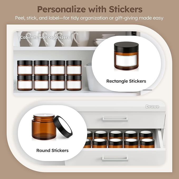 2 oz Glass Jars with Lids, 6 Pack Amber Glass Jars with Black Lids Leakproof Round Airtight Empty Cosmetic Travel Containers with Inner Liners For Lotions Powders and Candle Making