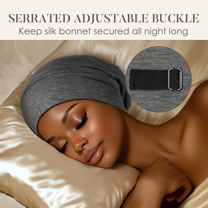LULUSILK Mulberry Silk Lined Sleep Cap, No More Frizzy Tangled Hair, Stay On All Night Silk Hair Wrap for Sleeping with Adjustable Strap, Silk Bonnet for Women and Men, Dark Grey, Pack of 1