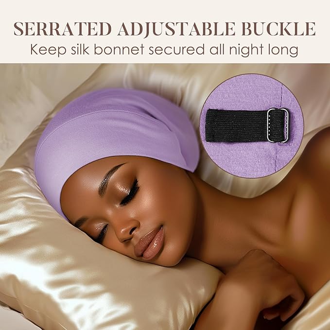 LULUSILK Mulberry Silk Lined Sleep Cap, No More Frizzy Tangled Hair, Stay On All Night Silk Hair Wrap for Sleeping with Adjustable Strap, Silk Bonnet for Women and Men, Lavender, Pack of 1