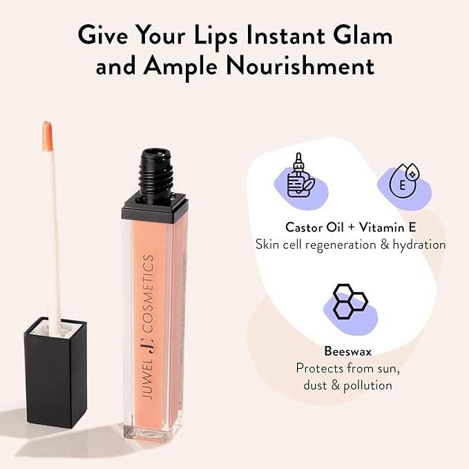 Juwel Cosmetics Luminizing Lip Gloss Hydrating & Moisturizing Lip Gloss for Dry Lips with Beeswax Castor Oil & Vitamin E, Smooth Finish Tinted Lip Gloss for Women, Vegan, Allure