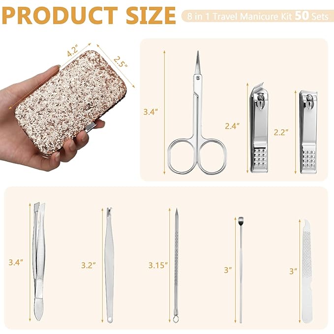 Geosar 50 Set Travel Manicure Kit Nail Clippers Pedicure Professional Nail Care Tools Stainless Steel Grooming Nail Set with Portable Travel Case Gifts for Family(Glitter Gold)