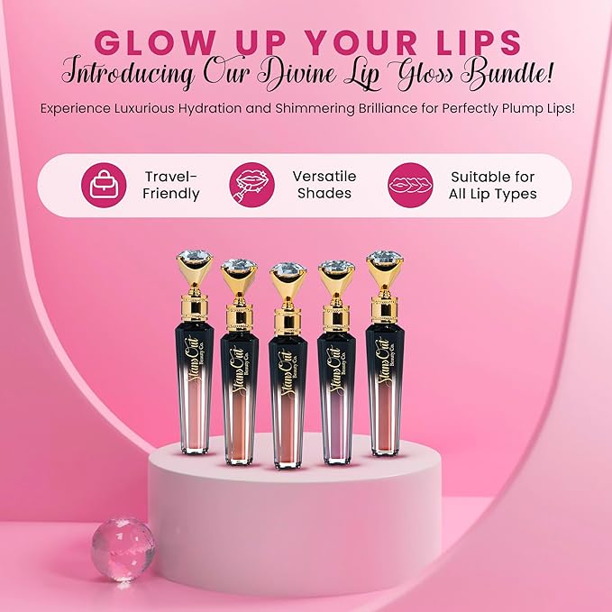 StansOut Diamond Lustre Lip Gloss Bundle - 5 Pack - Fancy Warm, Light, Pink, Sugar, Bare - Vitamin E & Argan Oil Infused - Long-Lasting Lustrous Shine - Hydrating Formula - Portable Elegance