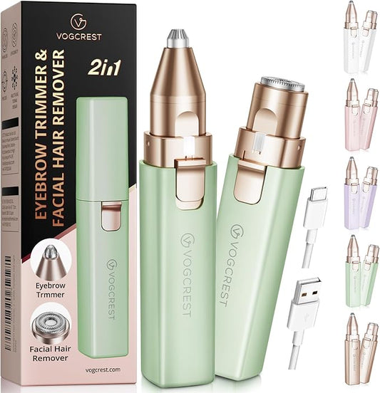 VOGCREST Hair Trimmer, 2 in 1 Facial Hair Remover & Eyebrow Trimmer for Women - Rechargeable, Portable, LED Light