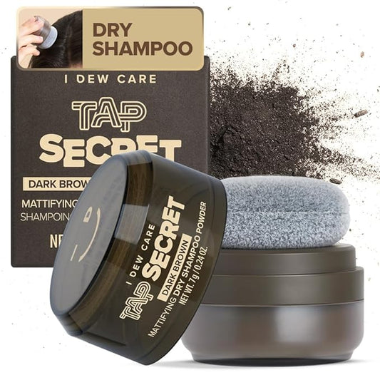 I DEW CARE Tap Secret Dry Shampoo Powder with Biotin - Tap Secret Dark Brown | Strengthening & Volumizing, Powder Type, Refillable, Travel size, Non-aerosol, Brunette, Korean Ginseng, 0.24 Oz