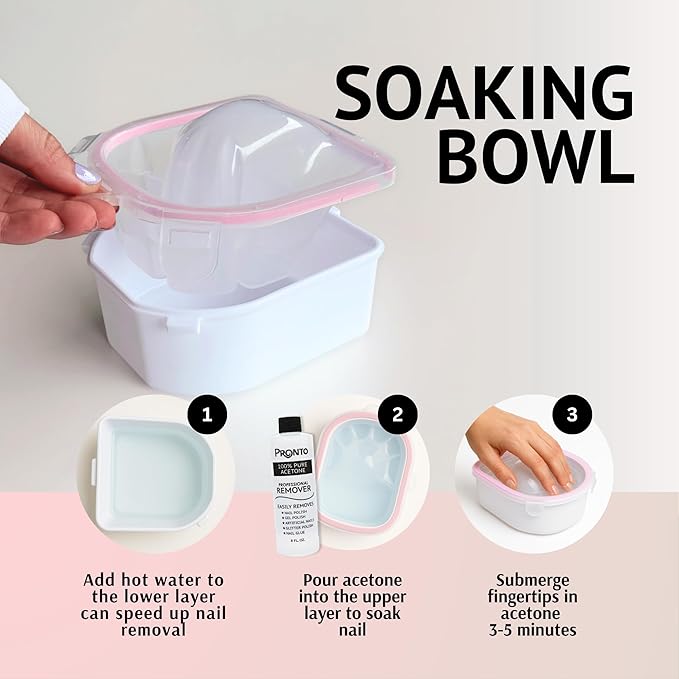 Pronto Gel Nail Polish Remover Kit – 8 Oz Pure Acetone 100 Percent, Nail File, Nail Polish Soak Off Bowl, Cuticle Oil for Nail Care + Manicure Set with Nail Buffer Block, Cuticle Pusher & Nail scraper