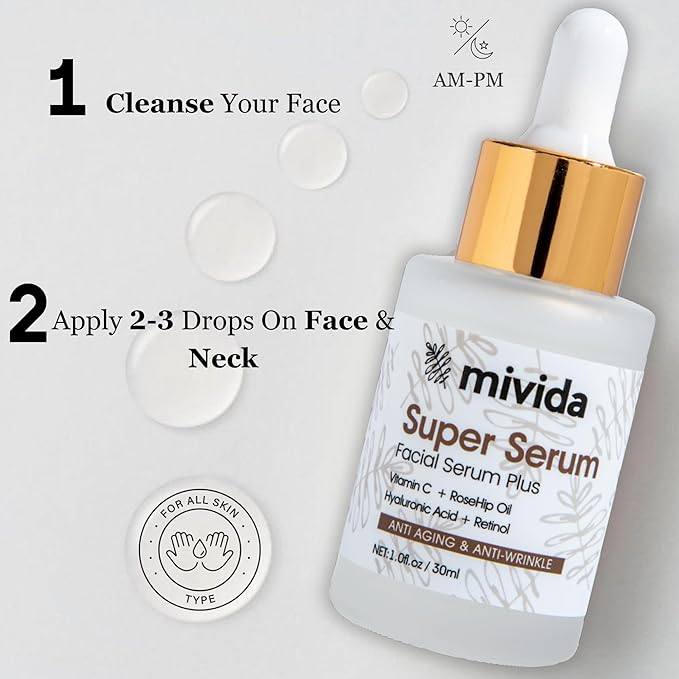 Advanced+ Super Serum with Retinol, Hyaluronic-Acid, Rosehip Oil & Vitamin C | All-In-One Anti Aging Face Serum | Brightening, Firming, AntiWrinkles, Fine Lines, Evens Tone, Healthy Glow | 1oz
