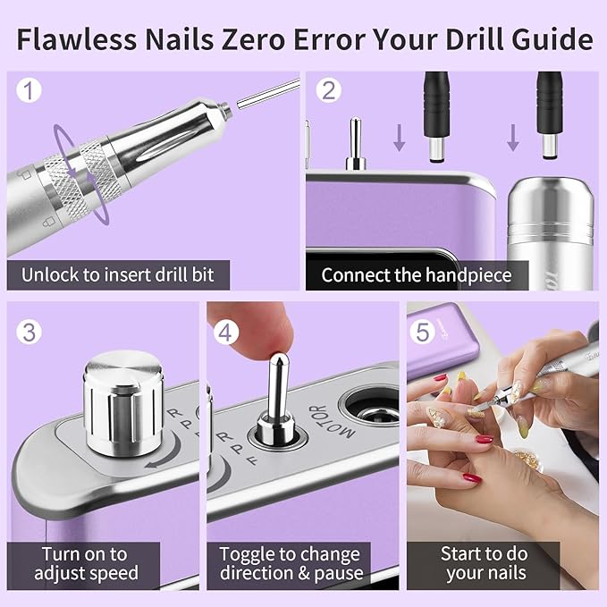 Electric Nail Drill File, Professional Portable Nails Drills Kit with Rechargeable Stand 7 Bits, Cordless E Filer for Gel Acrylic uñas Nails Remover Home Salon Manicure Pedicure Tools, Purple