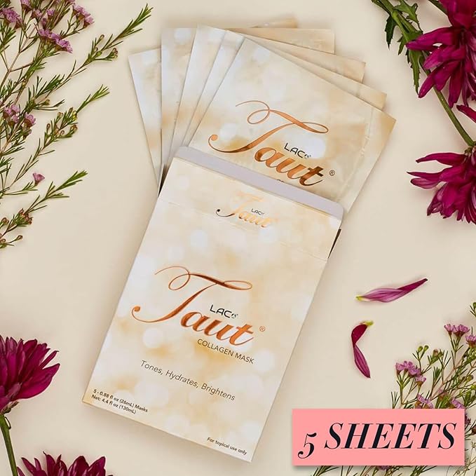 TAUT Collagen Face Mask – 5 Sheet Pack with Hyaluronic Acid, Marine Collagen & Vitamin C – Hydrating, Anti-Aging Sheet Mask for Firm, Glowing Skin – Korean Skincare Inspired