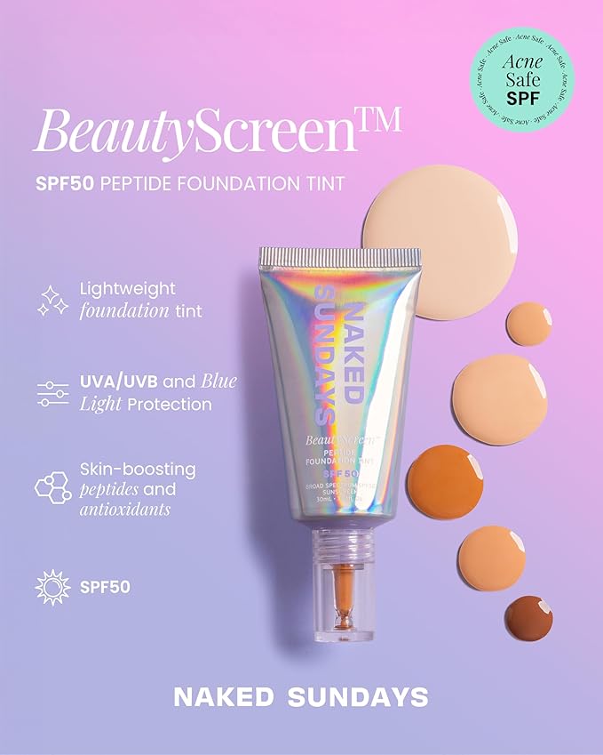 Naked Sundays BeautyScreen™ SPF 50 Mineral Peptide Foundation Tint – Skin Tint & Mineral Sunscreen | Radiant, Buildable Coverage, Acne-Safe, Infused with Peptides (1 Fair Neutral, 1.01 oz)