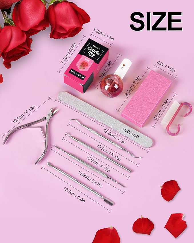 MORGLES Cuticle Remover Kit, 100/180 Nail File and Nail Buffer Blocks, 1 Pcs Rose Cuticle Oil and Professional Pedicure Manicure Tools, Nipper Cutter for Fingernails and Toenails