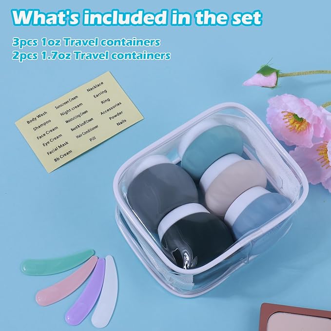 GLAMFIELDS TSA Approved 2pcs 1.7oz+3pcs 1oz Travel Size Silicone Jars BPA Free, Leak-proof Travel Essentials with Lid for Cosmetic, Face, Hand, Body Cream Grey (5Pack)