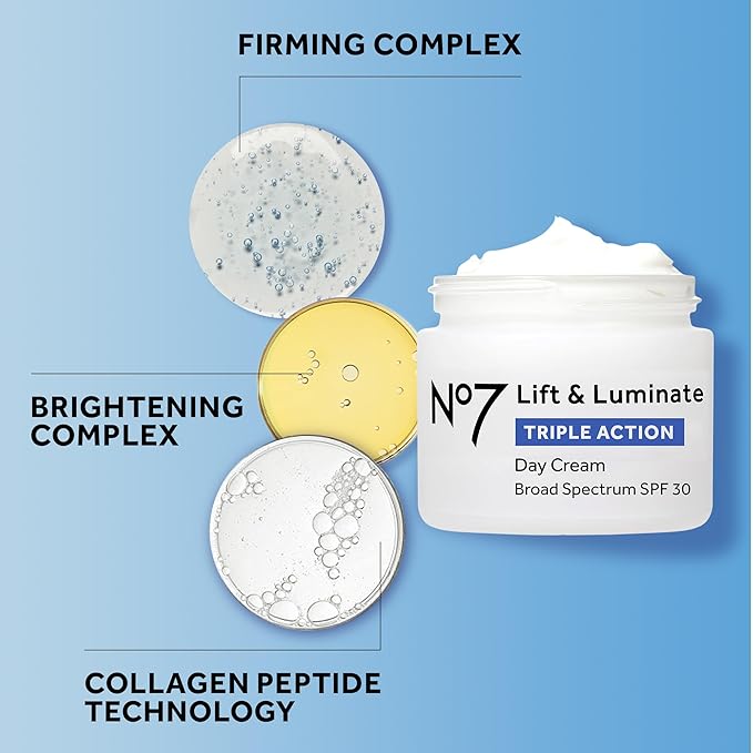 No7 Lift & Luminate Triple Action Face Cream - Fragrance Free Face Moisturizer with SPF 30 - Formulated with Anti Aging Collagen Peptides & Brightening Complex (1.69 Oz)