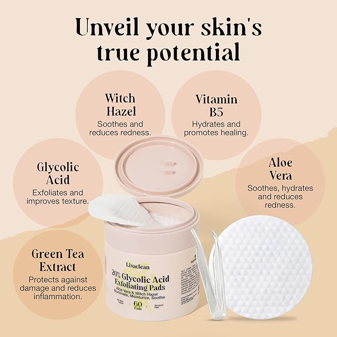 LivaClean 60 CT 20% Glycolic Acid Peel Pads with Aloe Vera – Resurfacing Toner Pads for Face, Exfoliating Wipes for Fine Lines, Wrinkles, Large Pores, Textured Skin, Includes Tweezer