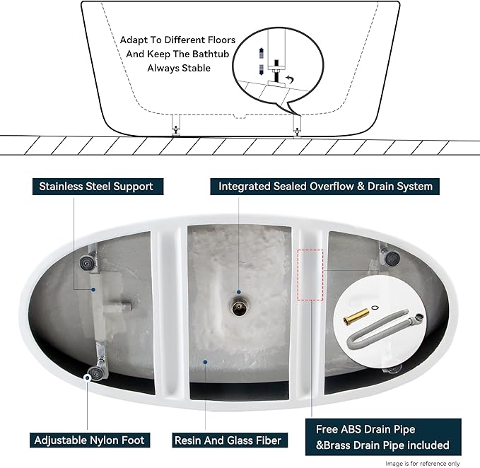 FerdY Tahiti 67" Freestanding Bathtub Elegant Oval Shape, Glossy White Double Walled Insulation bathtub with Center Polished White Drain & Overflow, cUPC Certified