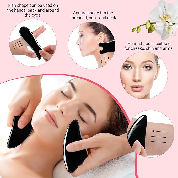 Treela 5 Pcs Gua Sha Facial Tools Set and 1 Pcs Body Gua Sha Massage Tool with Handle for Face Back Neck Leg Body Scraping Massage Board Guasha Comb(Jade, Resin,Black)