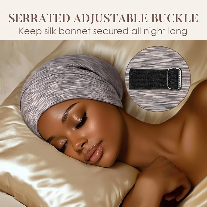 LULUSILK 100% Mulberry Silk Lined Sleep Cap Silk Bonnet for Sleeping, No More Frizzy Tangled Hair, Stay On All Night Adjustable Silk Hair Wrap for Sleeping, Assorted Color Light Grey, Pack of 1