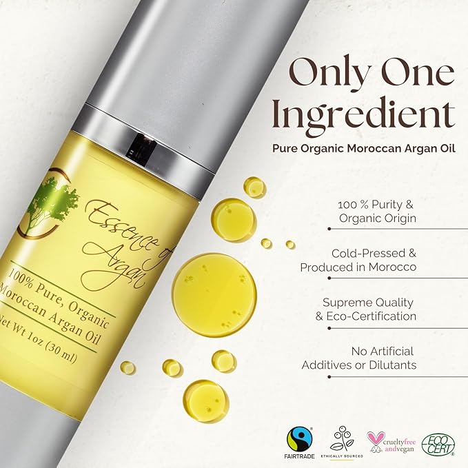 Essence Of Argan Pure Argan Oil for Hair, Skin & Nails - Natural Eco-Certified Cold Pressed Oil for Skin Moisturization - Non-Greasy Formula for Hair and Nail Growth - 1 Oz /30ml