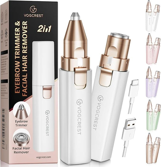 Rechargeable Facial Hair Remover for Women: 2 in 1 Electric Eyebrow and Facial Hair Remover - Suitable for Middle-aged Women’s Eyebrow, Chin, and Cheek Trimming - with Built-in LED Light (White)