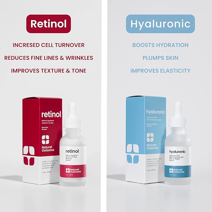 Hydrating Hyaluronic Acid Serum and Retinol Facial Serum - Night and Day Anti Aging Facial Serum Set 1 oz Each, Vegan, Cruelty Free & Fragrance Free