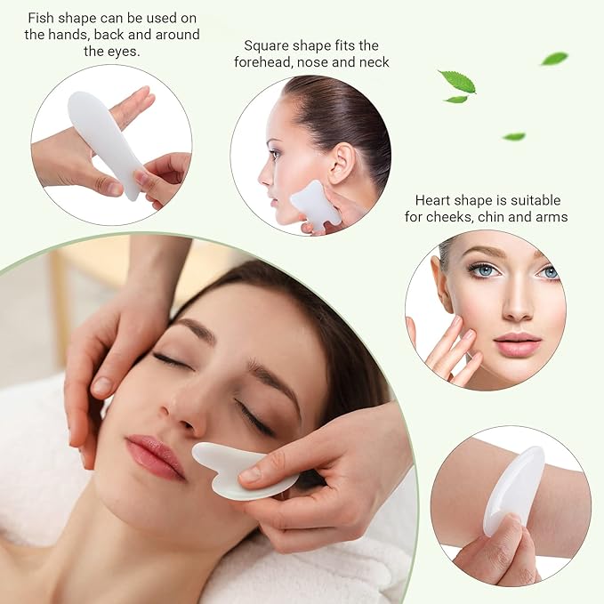 Treela 5 Pcs Gua Sha Facial Tools Set and 1 Pcs Body Gua Sha Massage Tool with Handle for Face Back Neck Leg Body Scraping Massage Board Guasha Comb(Jade, Resin,White)