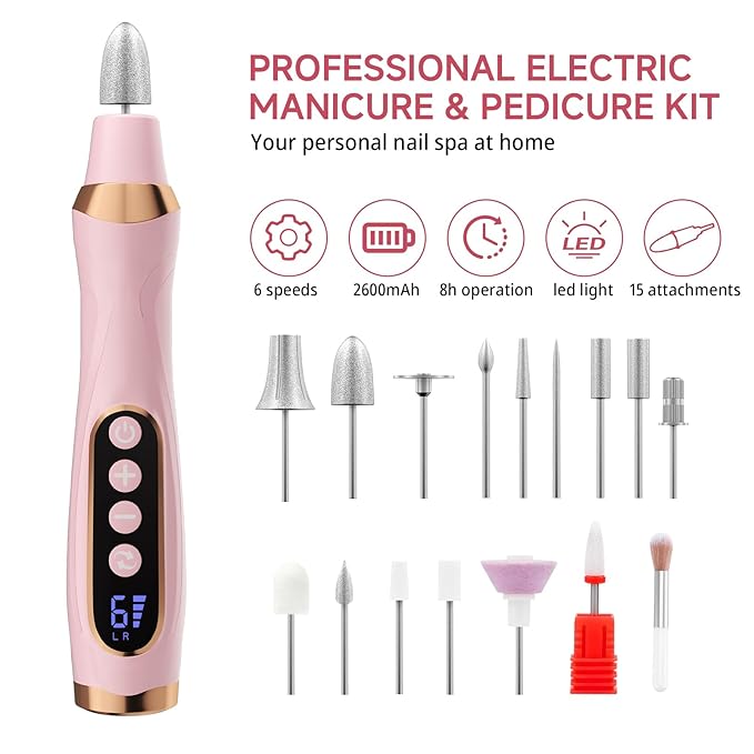 Professional Manicure Pedicure Kit, Electric Nail Drill with 360° LED Light & 6 Speeds, Nail File Pedicure Tools for feet, Toenail Grinder for Thick Nail Toenail Cuticle Women Baby Pets
