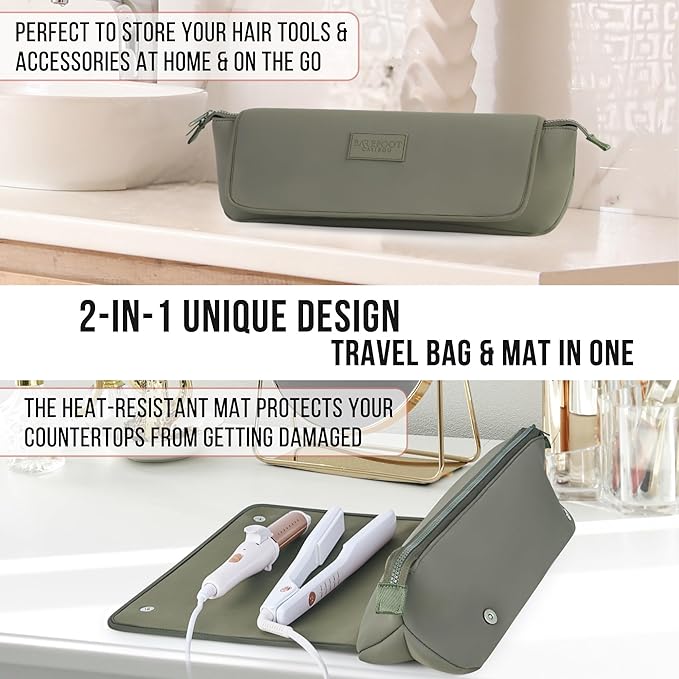 Hair Tools Travel Bag and Heat Resistant Mat for Flat Irons, Straighteners, Curling Iron, and Haircare Accessories, 2-in-1 design, with Interior Pockets, Portable Organizer