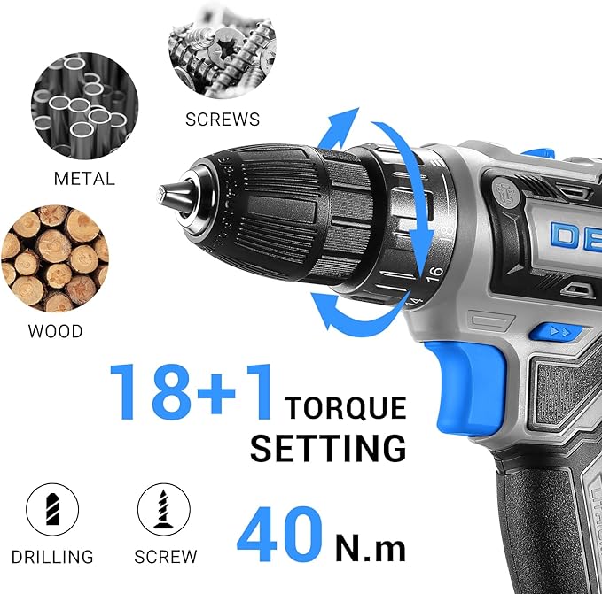 DEKO PRO Cordless Drill 20V Electric Power Tool Set for Women With Battery and Charger - Drill Driver Kit Blue
