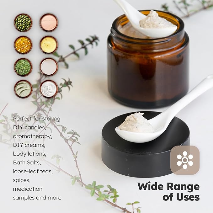 2 oz Glass Jars with Lids, 6 Pack Amber Glass Jars with Black Lids Leakproof Round Airtight Empty Cosmetic Travel Containers with Inner Liners For Lotions Powders and Candle Making