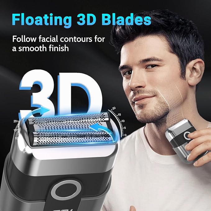 Electric Foil Shavers for Men: Mini Electric Razor, Foil Shaver for Face, IPX7 Waterproof Wet Dry Cordless Razor with 3 Floating Blades, LED Display, USB-C Fast Rechargeable for Travel & Home