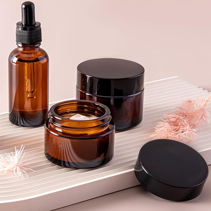 TUZAZO 1oz Glass Jars with Lids, 4 Pack Small Amber Glass Jars with Inner Liners & Stickers Refillable Empty Cosmetic Containers for Creams, Lotions, Body Butters, Powders