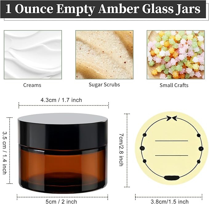 TUZAZO 1oz Glass Jars with Lids, 4 Pack Small Amber Glass Jars with Inner Liners & Stickers Refillable Empty Cosmetic Containers for Creams, Lotions, Body Butters, Powders