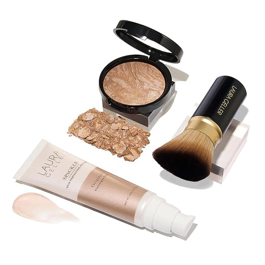 LAURA GELLER NEW YORK Everyday Routine Kit - Baked Balance-N-Brighten Color Correcting Powder Foundation, Medium + Retractable Angled Kabuki + Spackle Makeup Primer, Champagne Glow (3 PC)