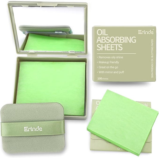 Erinde Oil Blotting Sheets for Face with Mirror and Puff, 300 Sheets Oil Blotting Paper for Oily Skin, Face Oil Absorbing Sheet, Natural Oil Control Film, Absorb Excess Oil, Makeup Friendly