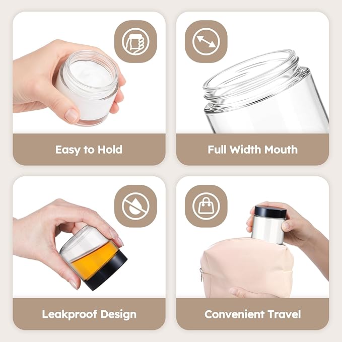 4 oz Glass Jars with Lids, 4 Pack Clear Small Glass Jars with Black Lids Leakproof Round Airtight Empty Cosmetic Travel Containers with Inner Liners For Lotions Powders and Candle Making