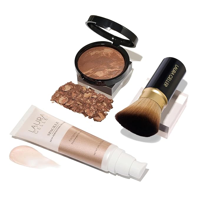 LAURA GELLER NEW YORK Everyday Routine Kit - Baked Balance-N-Brighten Color Correcting Powder Foundation, Toffee + Retractable Angled Kabuki + Spackle Makeup Primer, Champagne Glow (3 PC)