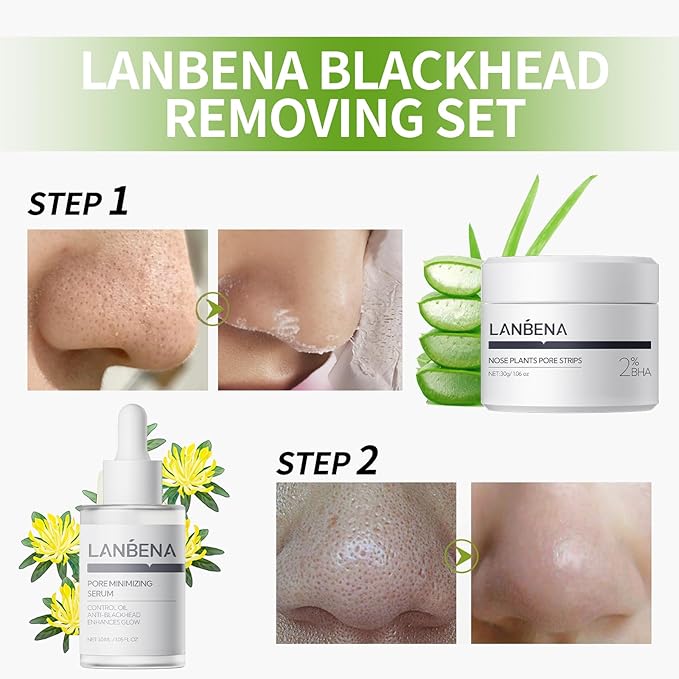 LANBENA 3 in 1 Blackheads Removing Kit, Nose Pore Strips 30g+Pore Serum 30ml+ Strip Paper, Black Head Remover Mask for Nose, Pore Minimizer for Face