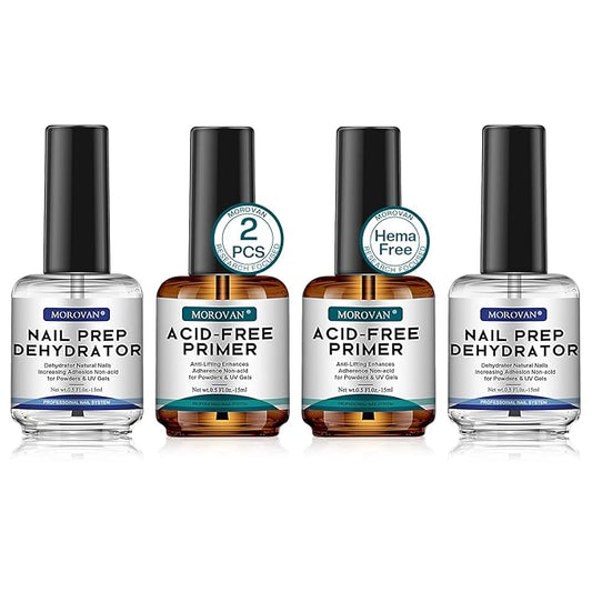 Morovan Nail Prep Dehydrator and Primer, Natural 4 PCS Dehydrator & Acid-Free Bond Primer for Acrylic Powder U V Extension Gel Nail Supplies Set
