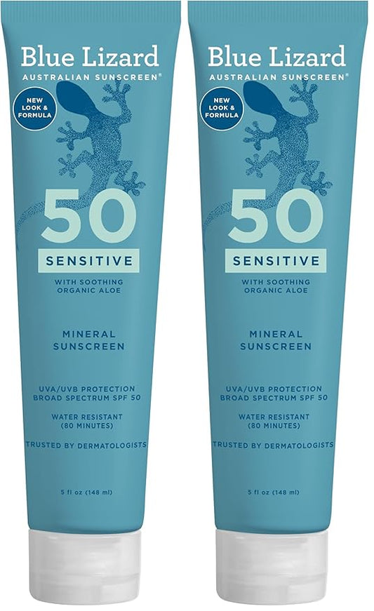 BLUE LIZARD Sensitive Mineral Sunscreen with Zinc Oxide 50+ Water Resistant UVAUVB Protection with Smart Cap Technology Fragrance Free, Sensitve, SPF 50 - - Tube, Unscented, 5 Fl Oz (Pack of 2)