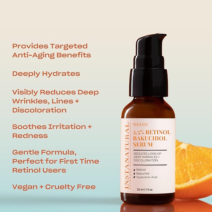 InstaNatural Retinol Serum for Face with 2.5% Retinol, Bakuchiol, Hyaluronic Acid & Squalane | Smoothing Serum for Even-Toned, Youthful-Looking Skin – 1 Fl Oz