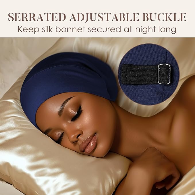 LULUSILK Mulberry Silk Lined Sleep Cap, No More Frizzy Tangled Hair, Stay On All Night Adjustable Silk Hair Wrap for Sleeping, Navy Blue, Pack of 1
