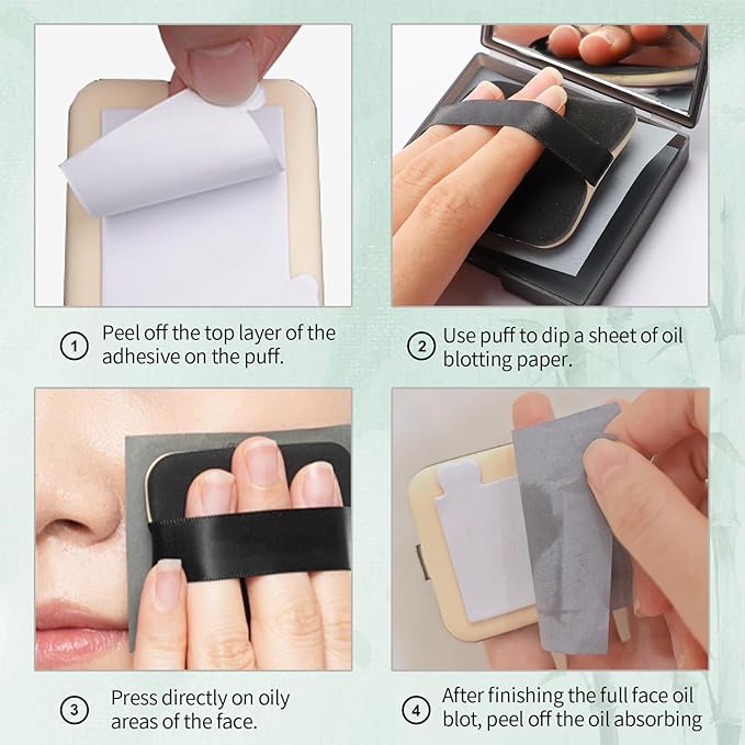 Erinde Oil Blotting Sheets for Face with Mirror and Puff, 300 Sheets Oil Blotting Paper for Oily Skin, Face Oil Absorbing Sheet, Natural Oil Control Film, Absorb Excess Oil, Bamboo Charcoal