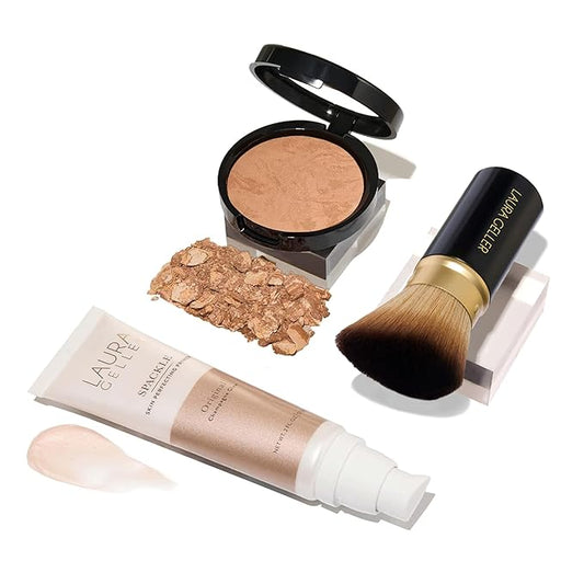 LAURA GELLER NEW YORK Everyday Routine Kit - Baked Balance-N-Brighten Color Correcting Powder Foundation, Golden Medium + Retractable Angled Kabuki + Spackle Makeup Primer, Champagne Glow (3 PC)