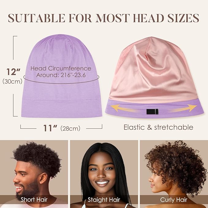 LULUSILK Mulberry Silk Lined Sleep Cap, No More Frizzy Tangled Hair, Stay On All Night Silk Hair Wrap for Sleeping with Adjustable Strap, Silk Bonnet for Women and Men, Lavender, Pack of 1