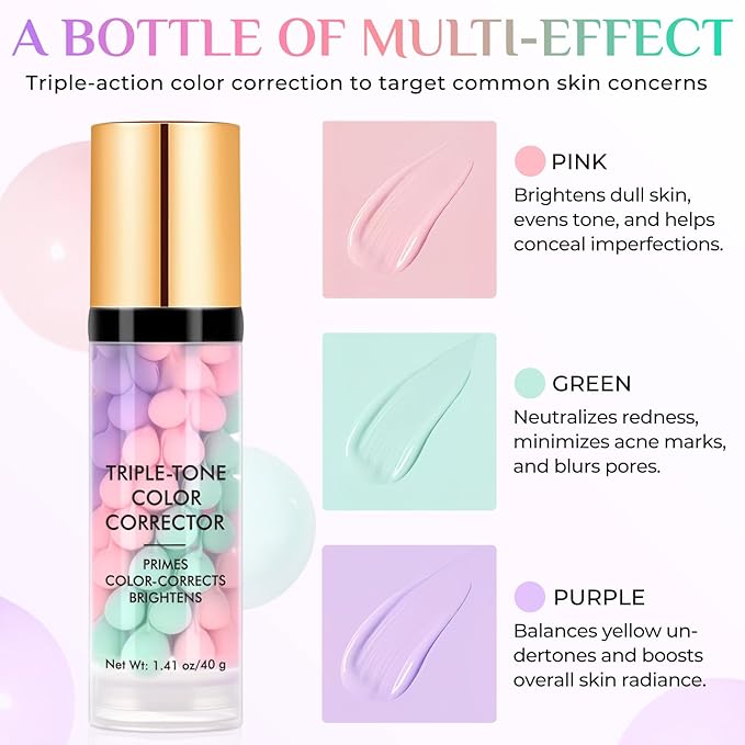 Primer for Face, 3 In 1 Face Primer Before Makeup, Moisturizes-Sunscreen Cream SPF50+ Triple-Tone Color Corrector for Isolation, Smoothing Skin Gripping