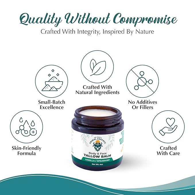 Dr. Dave's Primal Essence Grass Fed Beef Tallow Balm for Face and Body with Shea Butter, Organic Jojoba Oil, Honey, and Beeswax – Beef Tallow for Skin – Vanilla and Spearmint – 4 oz