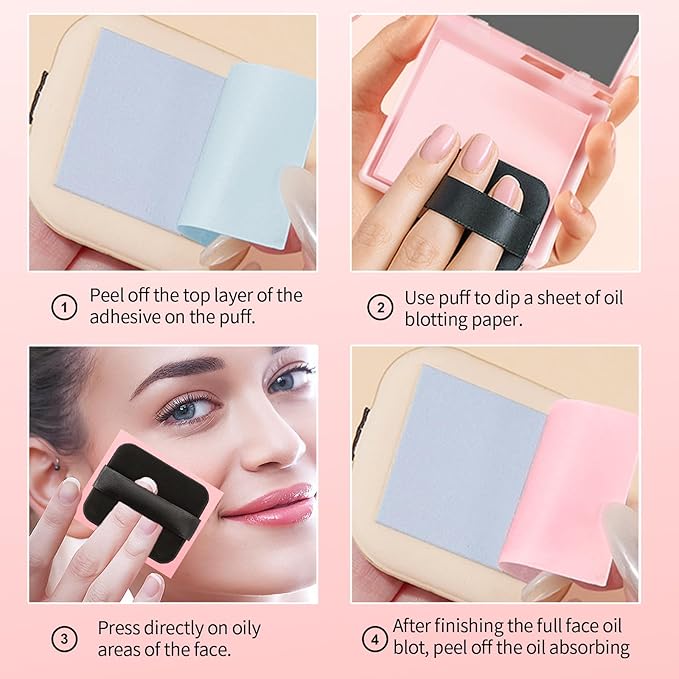 Erinde Oil Blotting Sheets for Face with Mirror and Puff, 300 Sheets Oil Blotting Paper for Oily Skin, Face Oil Absorbing Sheet, Natural Oil Control Film, Absorb Excess Oil, Makeup Friendly