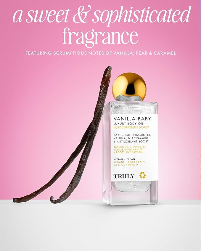 Truly Beauty Vanilla Baby Luxury Body Oil | Plumping Body Shimmer Oil for Hydration & Firmness | With Bakuchiol & Niacinamide for Collagen Boost | Vanilla, Pear & Caramel Scent | Radiant Glow