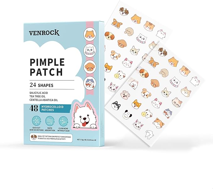 Venrock Pimple Patch, 48 Hydrocolloid Patches with Tea Tree Oil, 24 Cute Animal Shapes, Salicylic Acid Acne Treatment