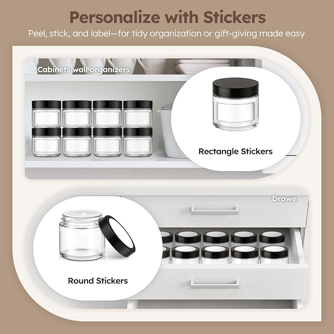 2 oz Glass Jars with Lids, 6 Pack Clear Small Glass Jars with Black Lids Leakproof Round Airtight Empty Cosmetic Travel Containers with Inner Liners For Lotions Powders and Candle Making